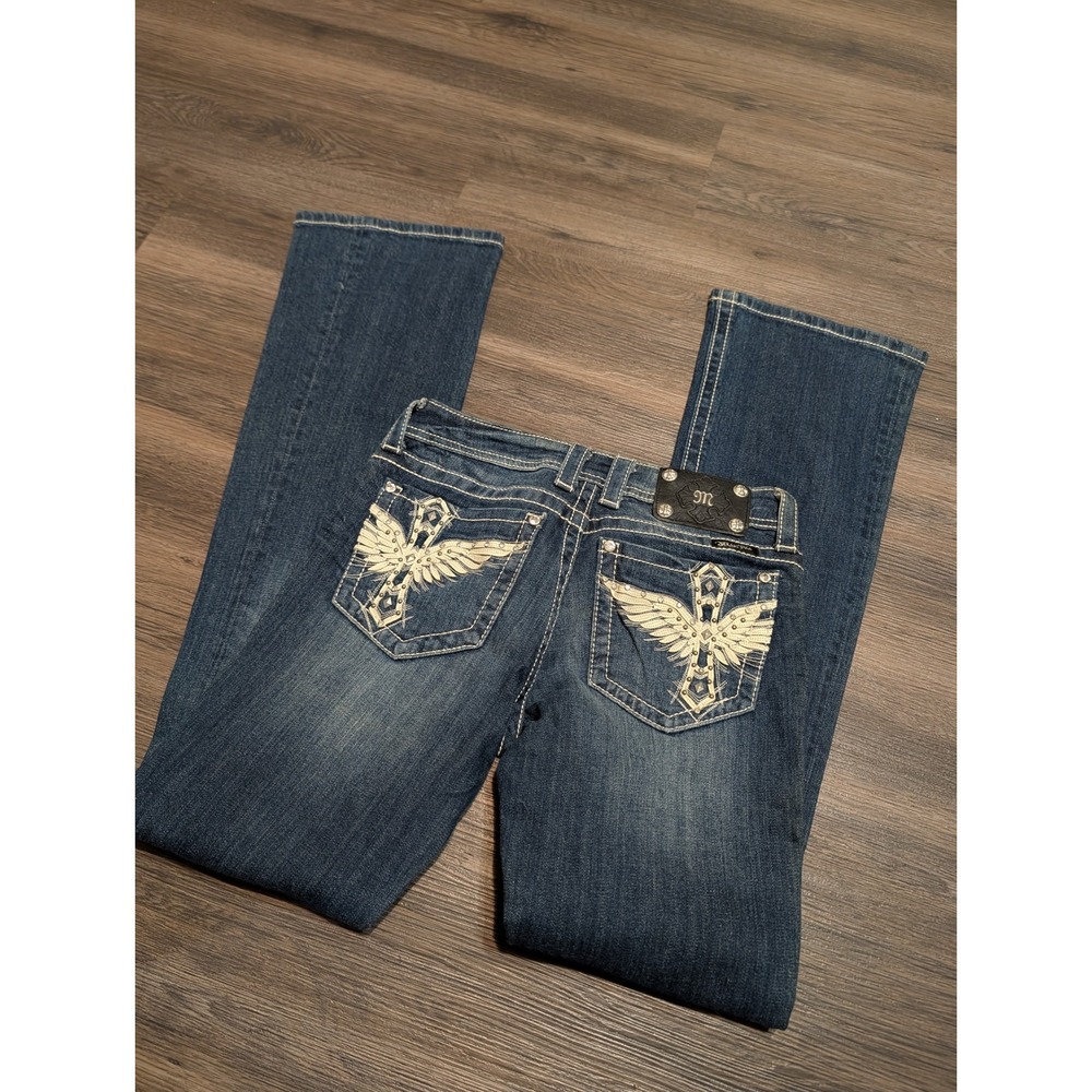 Miss Me JP5117B6 Bootcut Jeans Blue Winged Cross Embroidered Rhinestone Size 28